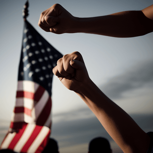 AI generated: Create a striking, powerful image of a hand, with a clenched fist, holding the American flag.