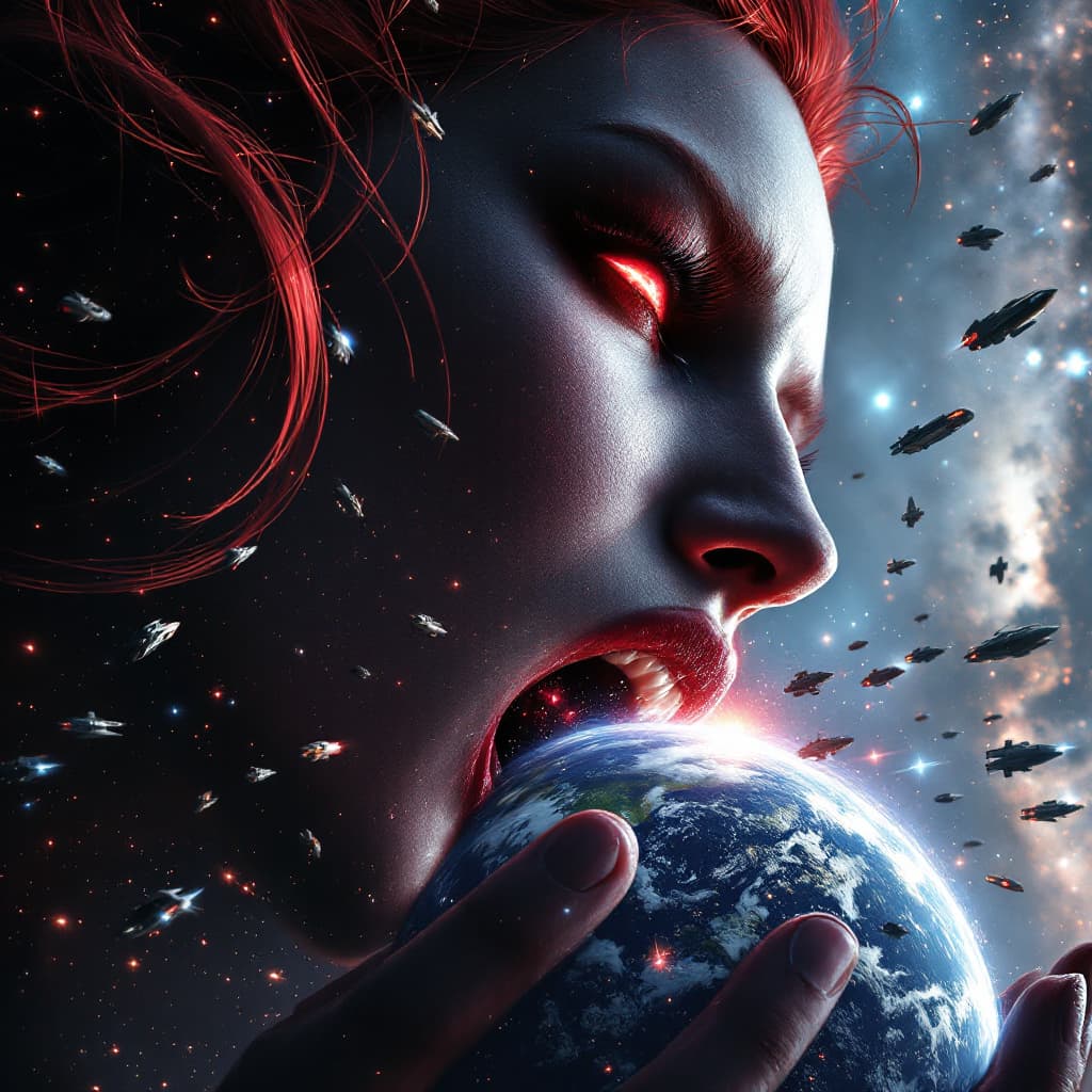 AI generated: enormous giantess elizabeth olsen scarlet witch
bigger than a galaxy  floating in space, minuscule g...