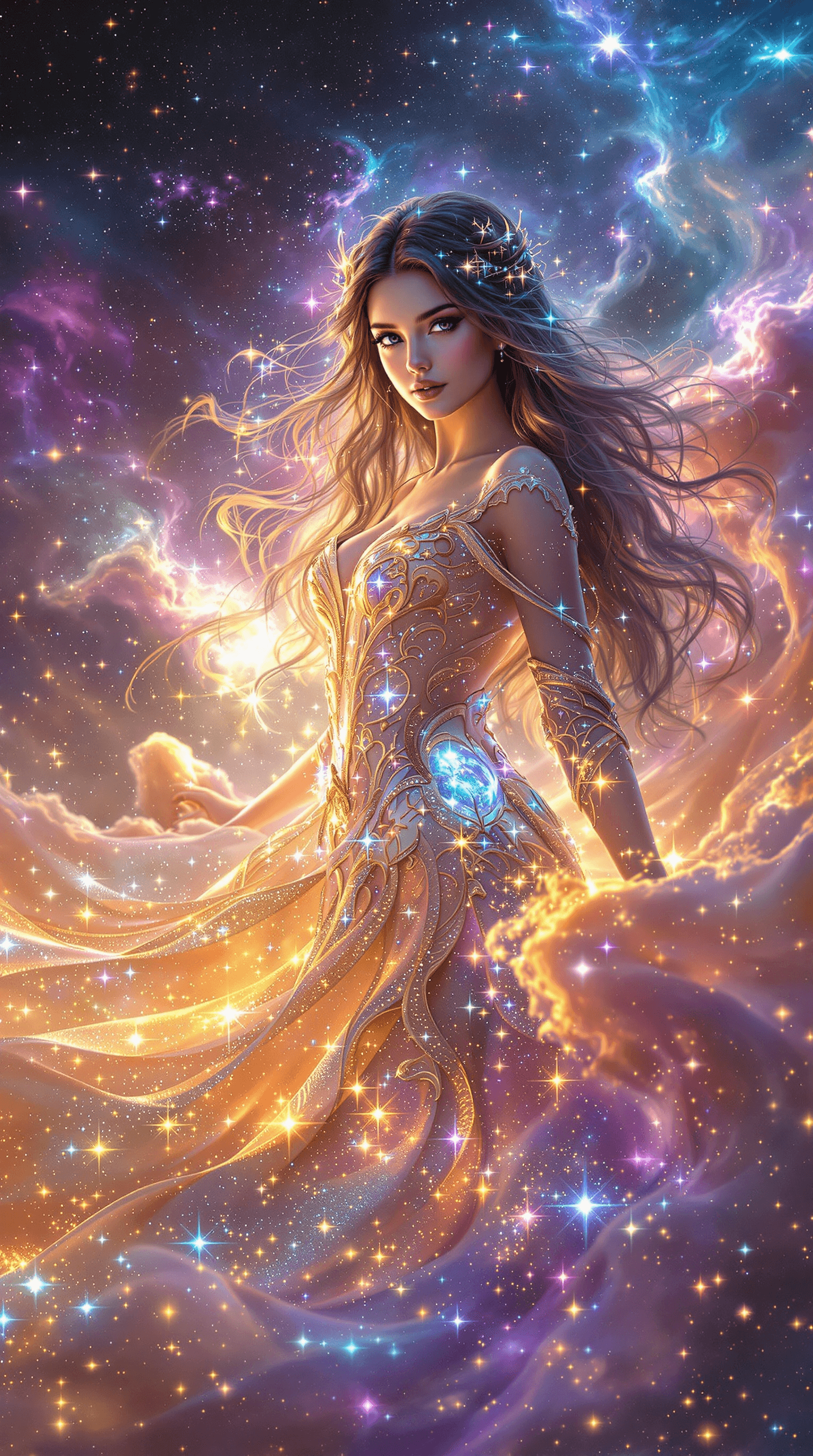 AI generated: A breathtaking celestial goddess standing amidst the vast expanse of space, her presence radiating d...