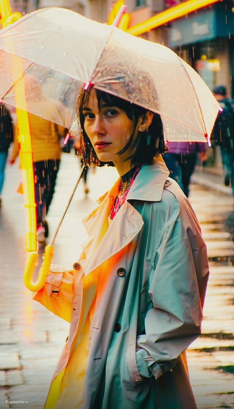 AI generated: A stylish young Caucasian ultra cutest woman in a modern pastel trench coat, crossing a rain-slicked...