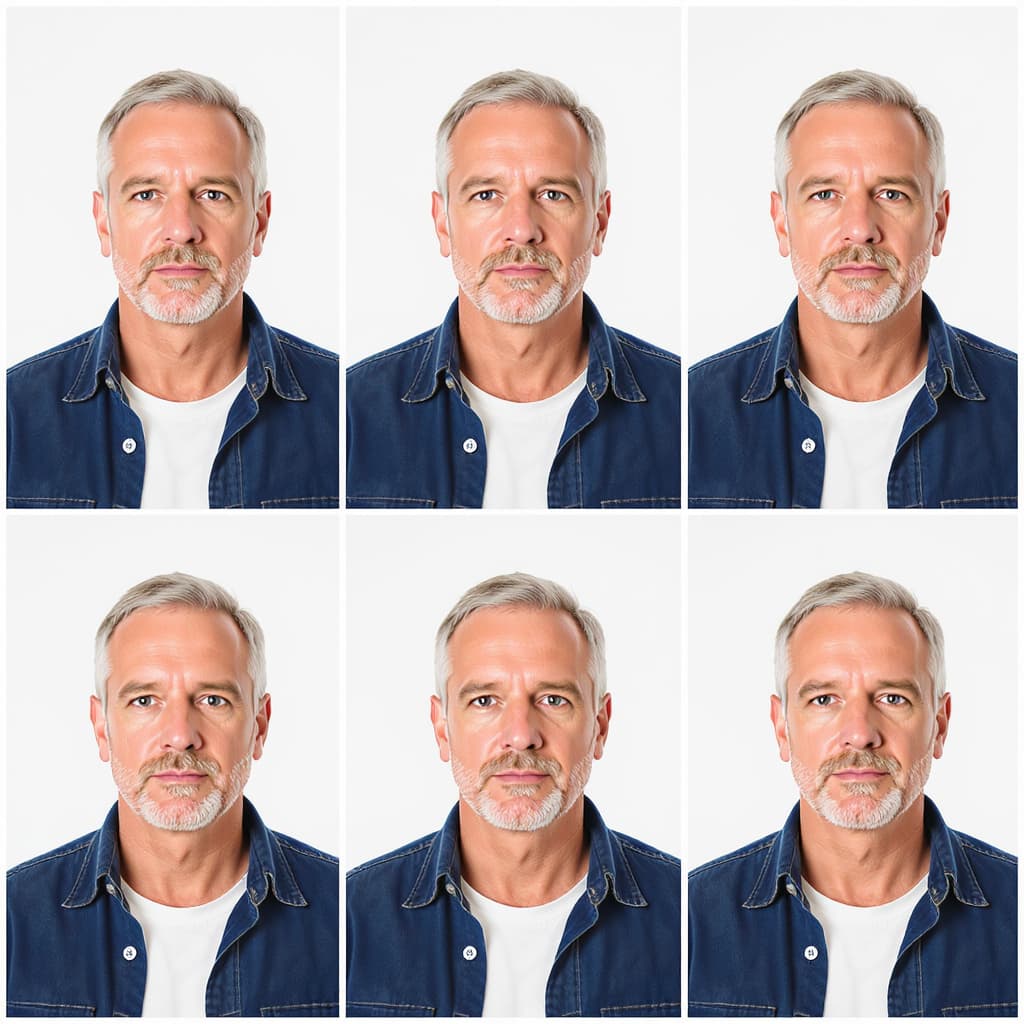 AI generated: a middle age man. dressed in black jeans, white t-shirt under a blue shirt with long sleeves, partia...