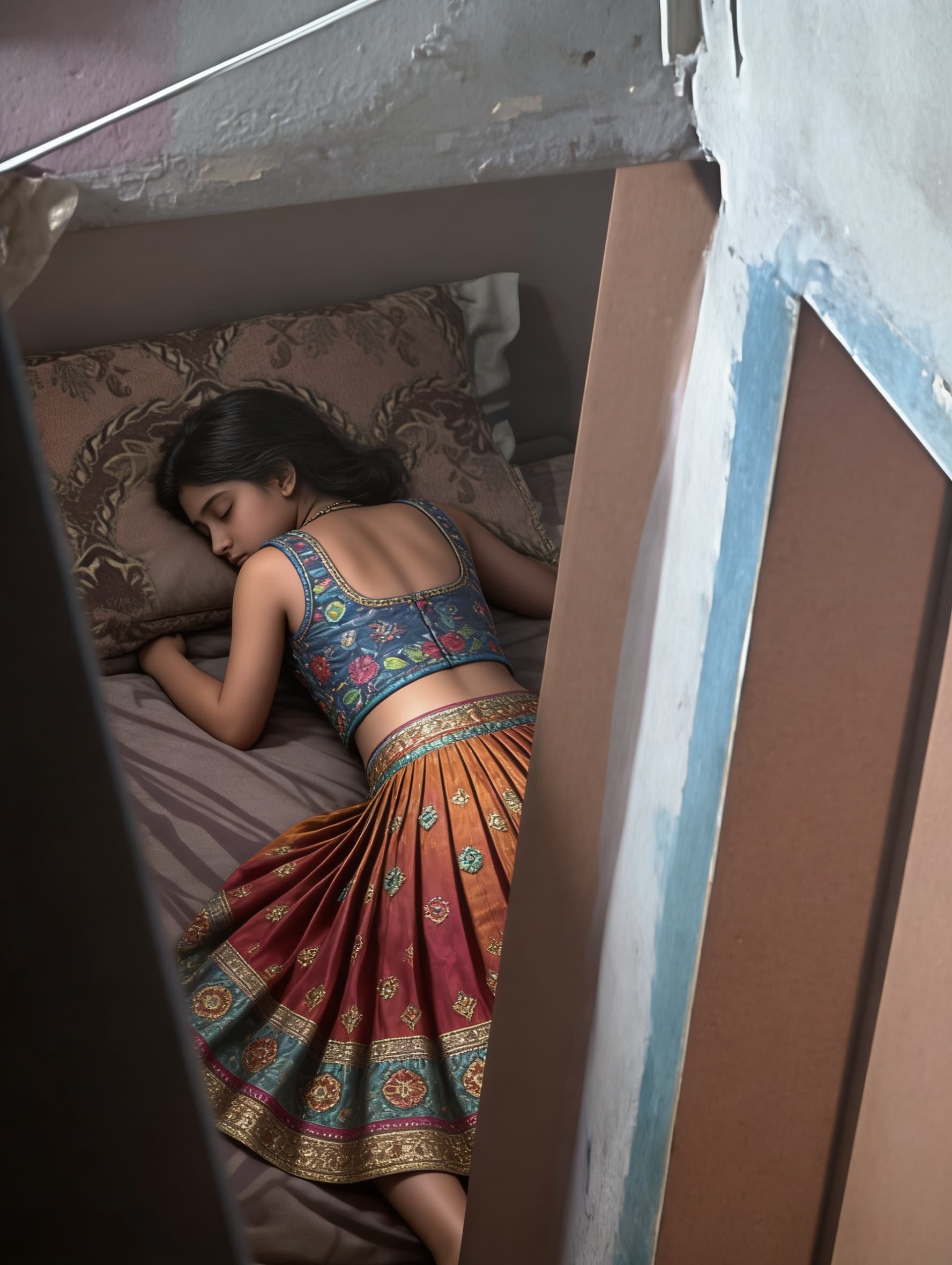 AI generated: Create the ultra high realistic image as this Pakistani girl is sleeping lying face down on bed with...