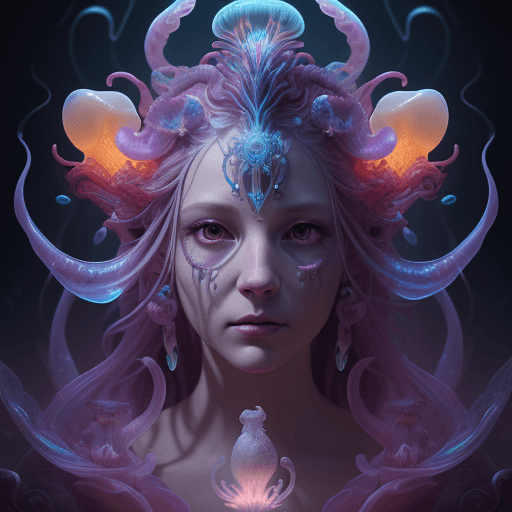 AI generated: Goddess close-up portrait ribcagel. jellyfish phoenix head, nautilus, orchid, skull, betta fish, bio...