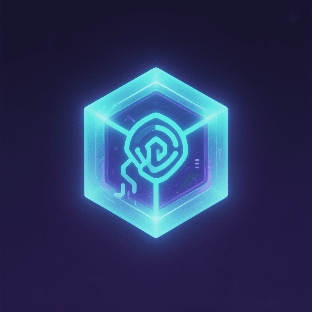 AI generated: glowing geometric cube icon, cyan #00D4FF dominant color, dark purple #2A1B5E 
background, temperatu...