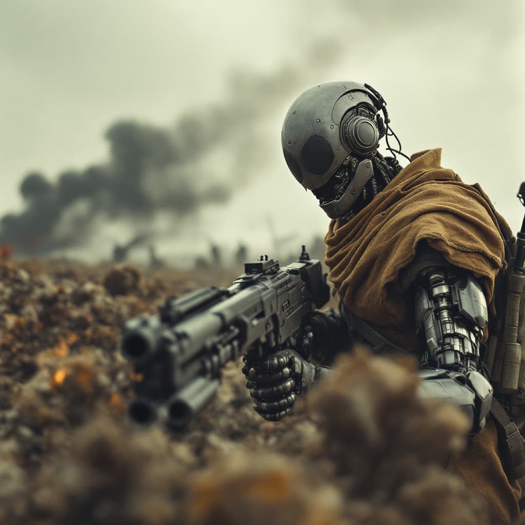 AI generated: a realistic photo of world war one cyborg soldiar, one hand robot, futurastic gun, in a aggrasive ba...