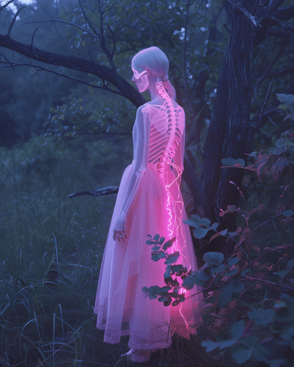 AI generated: full body shot of an albino woman with transparent skin, glowing pink neon skeleton visible through ...