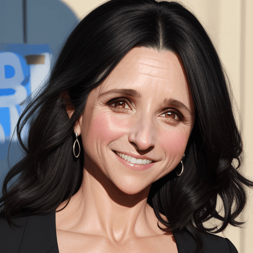 AI generated: julia louis-dreyfus, big nose, shadows, 4k, smiling, long straight black hair, brown eyes, 