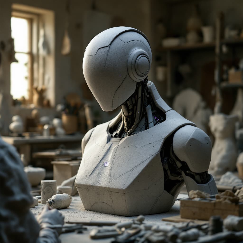 AI generated: A highly detailed cinematic shot capturing a human sculptor from the knees up, skillfully carving a ...