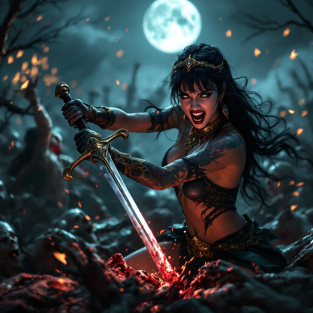 AI generated: Hyper realistic, photo realism, zoomed out HD Photo of beautiful, sultry Amazon Vampire Princess in ...