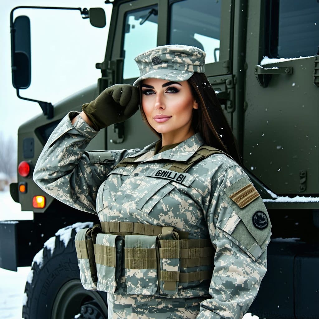 AI generated: A gorgeous Canadian female soldier 30 years old,with a full-figured yet powerful build, big smooth b...