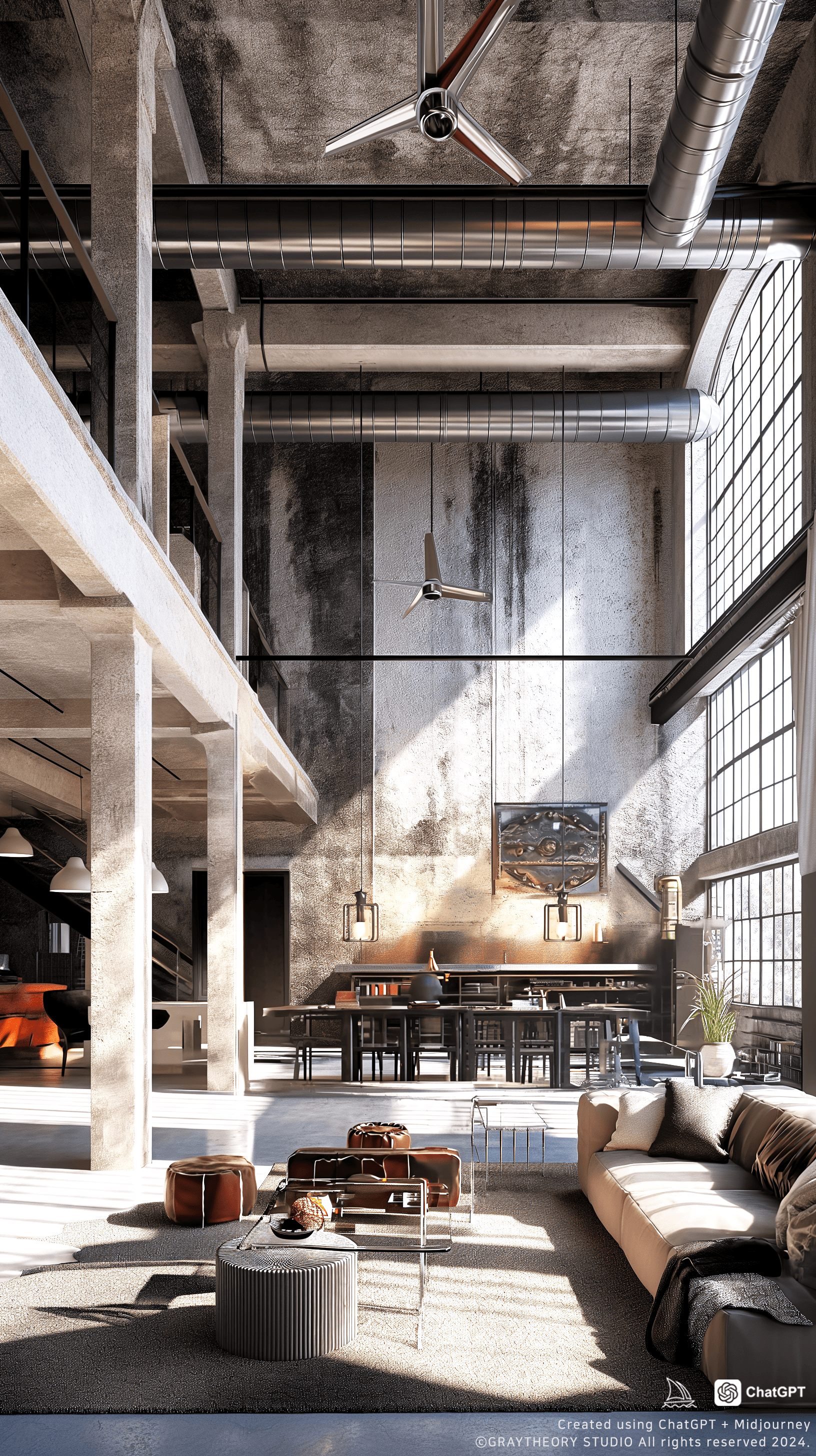 AI generated: A modern industrial loft, high ceilings with exposed ductwork, viewed from an elevated angle to capt...