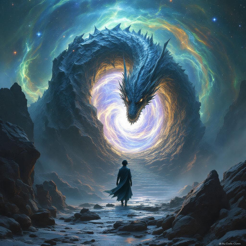 AI generated: A majestic, ancient dragon guards a portal to another dimension, its scales reflecting the swirling ...