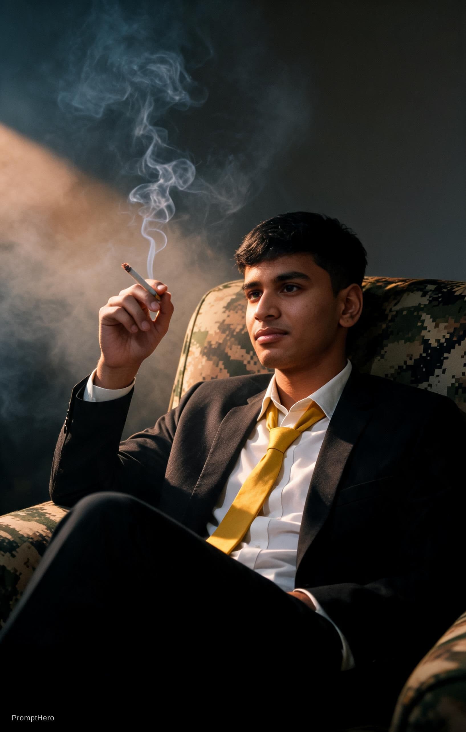 AI generated: photography, cover shoot, dimly lit room with a hazy atmosphere, capturing a professional male model...