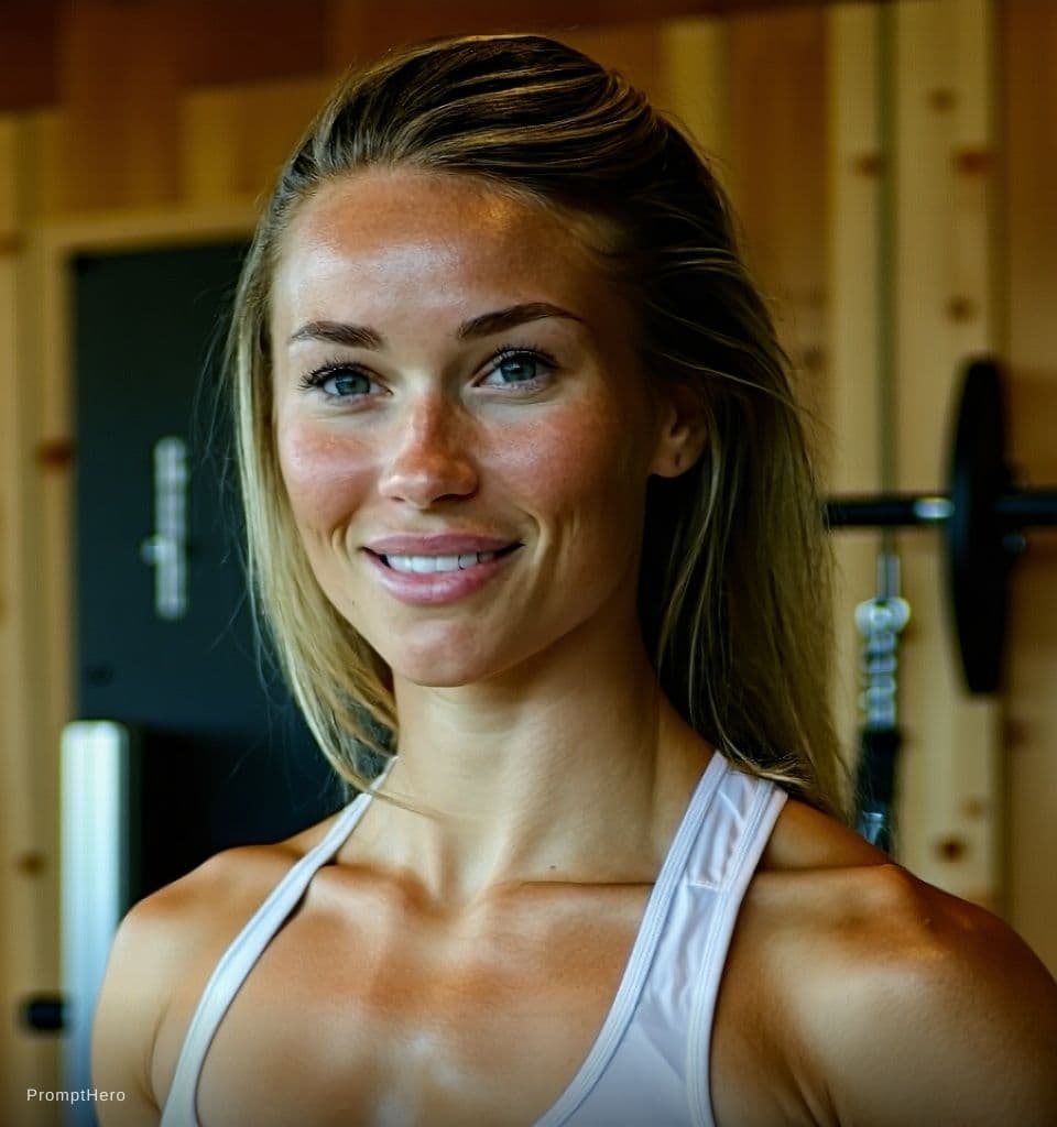 AI generated: Muscle gym fit girl tanned and blonde oily skin 