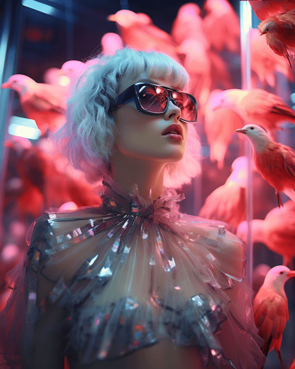 AI generated: hologram of hybrid of woman and bird, vogue aesthetic, crazy woman, model watching on viewer, gucci ...