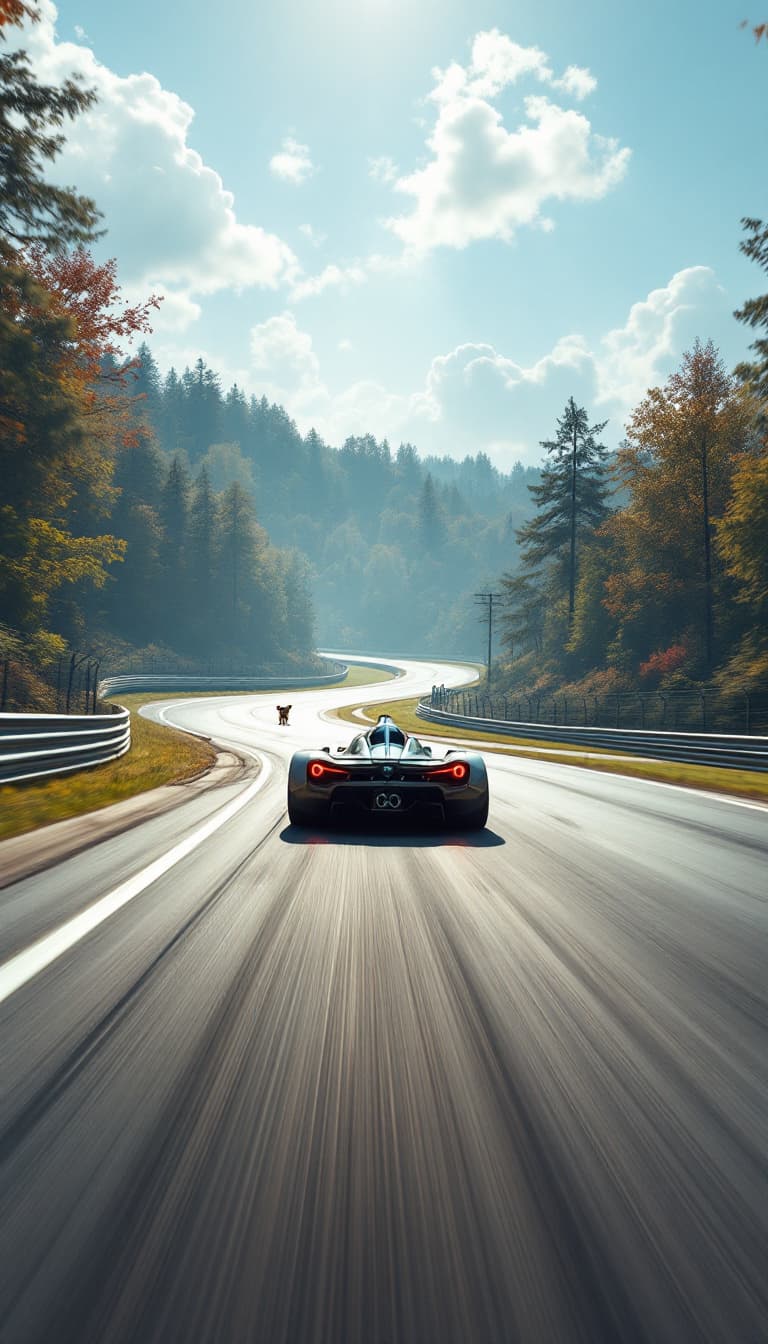 AI generated: Summer. The first racing car racing around the track on a bend.  From the car window, far around the...