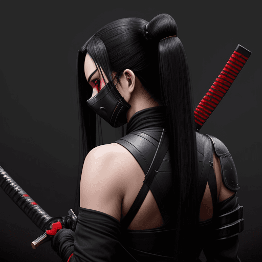 AI generated: Female shinobi looking back, shot from behind, masked, visible long black hair, with katana, dark pa...