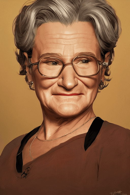 AI generated: robin williams as mrs. doubtfire, gorgeous face, girl cute-fine-face, realistic shaded Perfect face,...