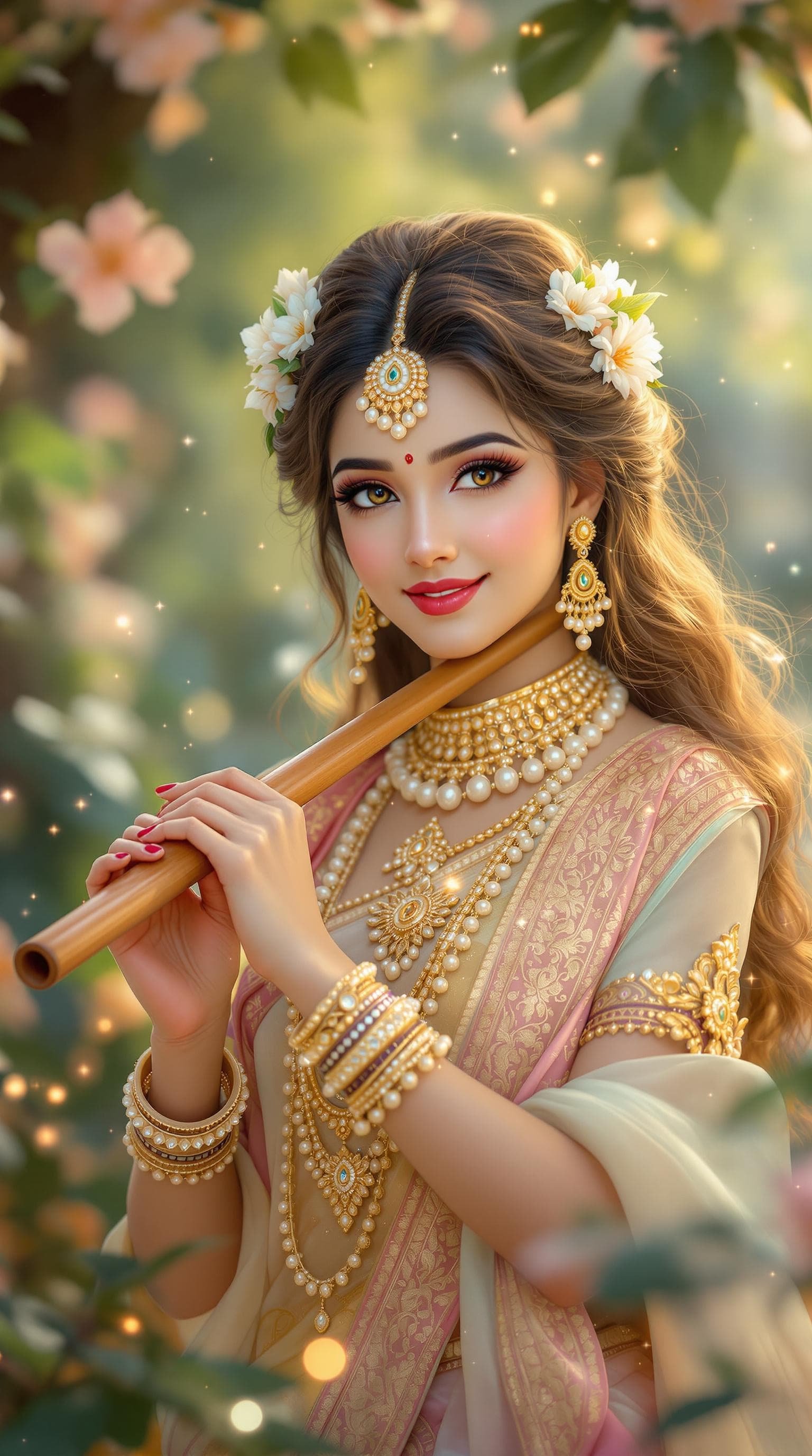 AI generated: "A divine and ethereal portrait of Radha, the goddess of love and devotion, in an enchanting garden ...