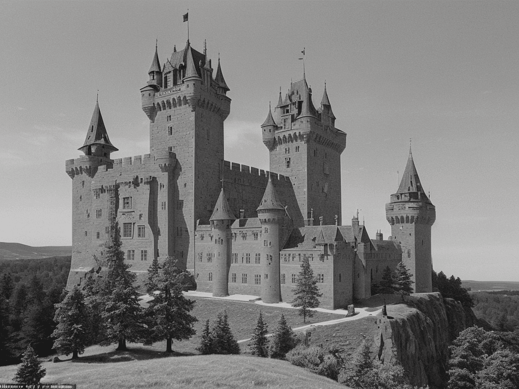 AI generated: The castle's architecture is characterized by a tall, narrow tower that rises from the center of the...
