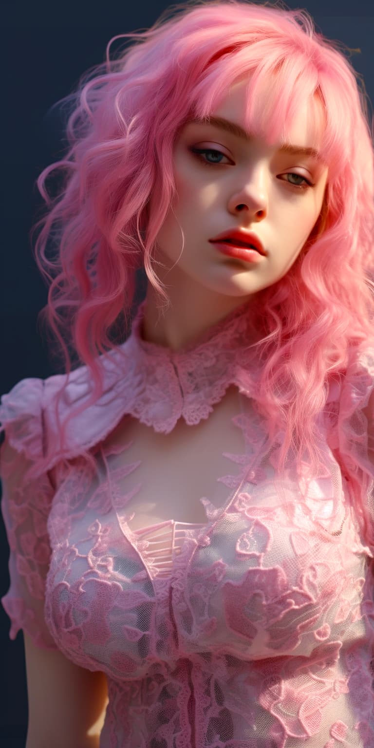 AI generated: Fashion photo of a woman wearing pink hair in a pink lace dress, in the style of hyperrealism and ph...