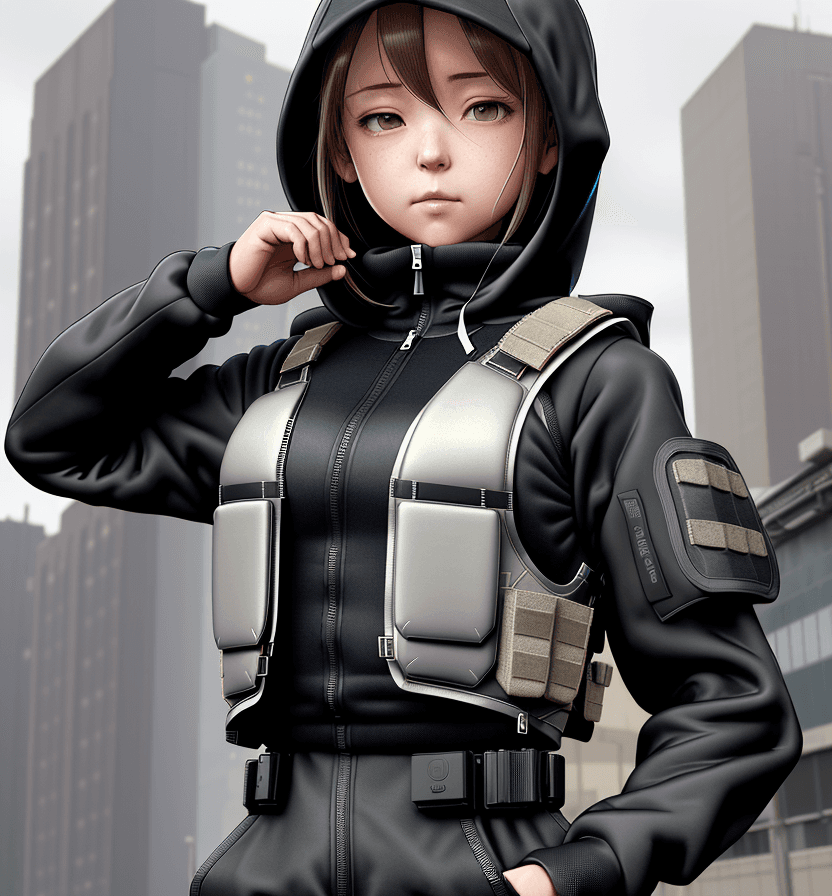 AI generated: Range Murata, 8k, bulletproof vest, techwear, hoodie, looking at viewer