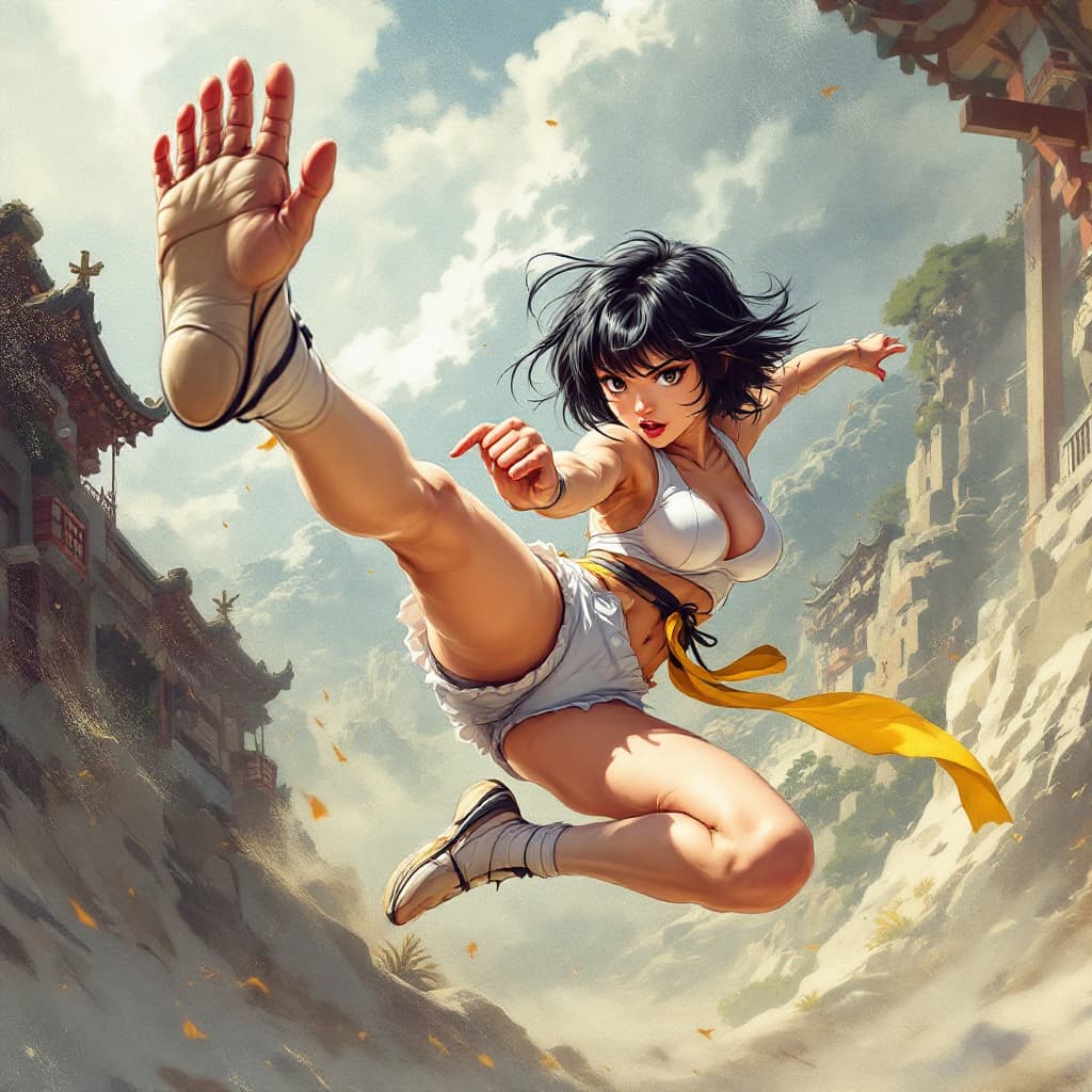 AI generated: manga style girl asian short black hair. she does a fighting pose. she does flying kick