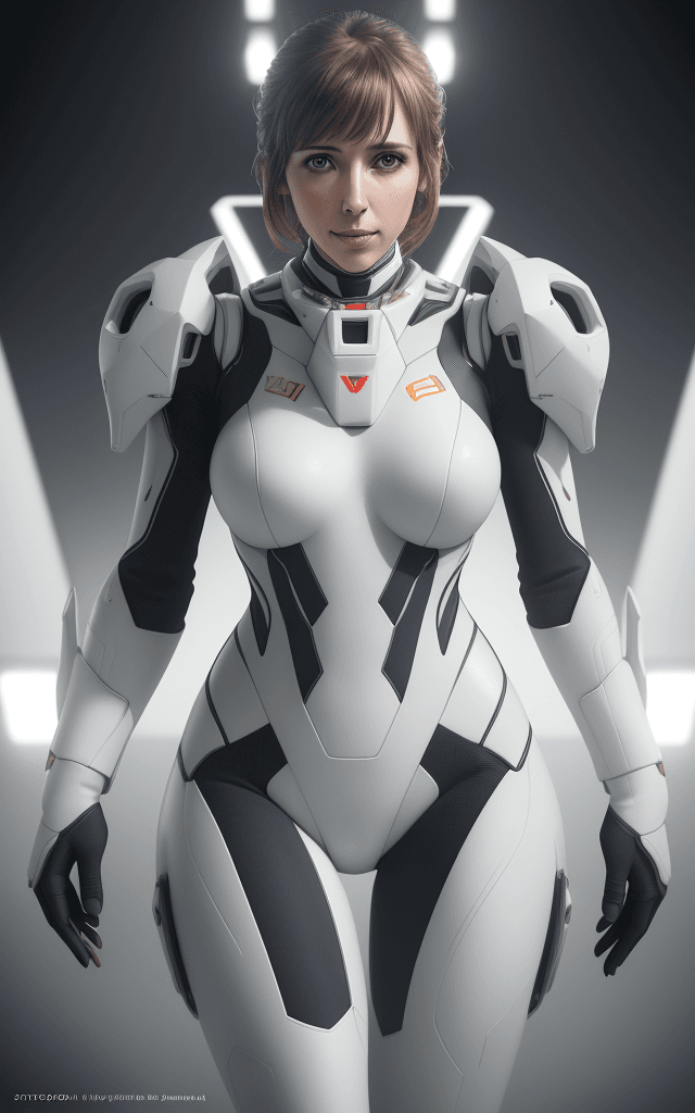 AI generated: hyperrealistic photo, commercial photography, fullbody armed female figure in a white sci-fi suit, (...