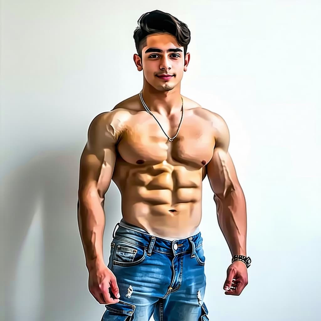 AI generated: A young Mexican bro in tight cargo jeans with v tapers tight flat 6 pack abs nice chest thick full w...