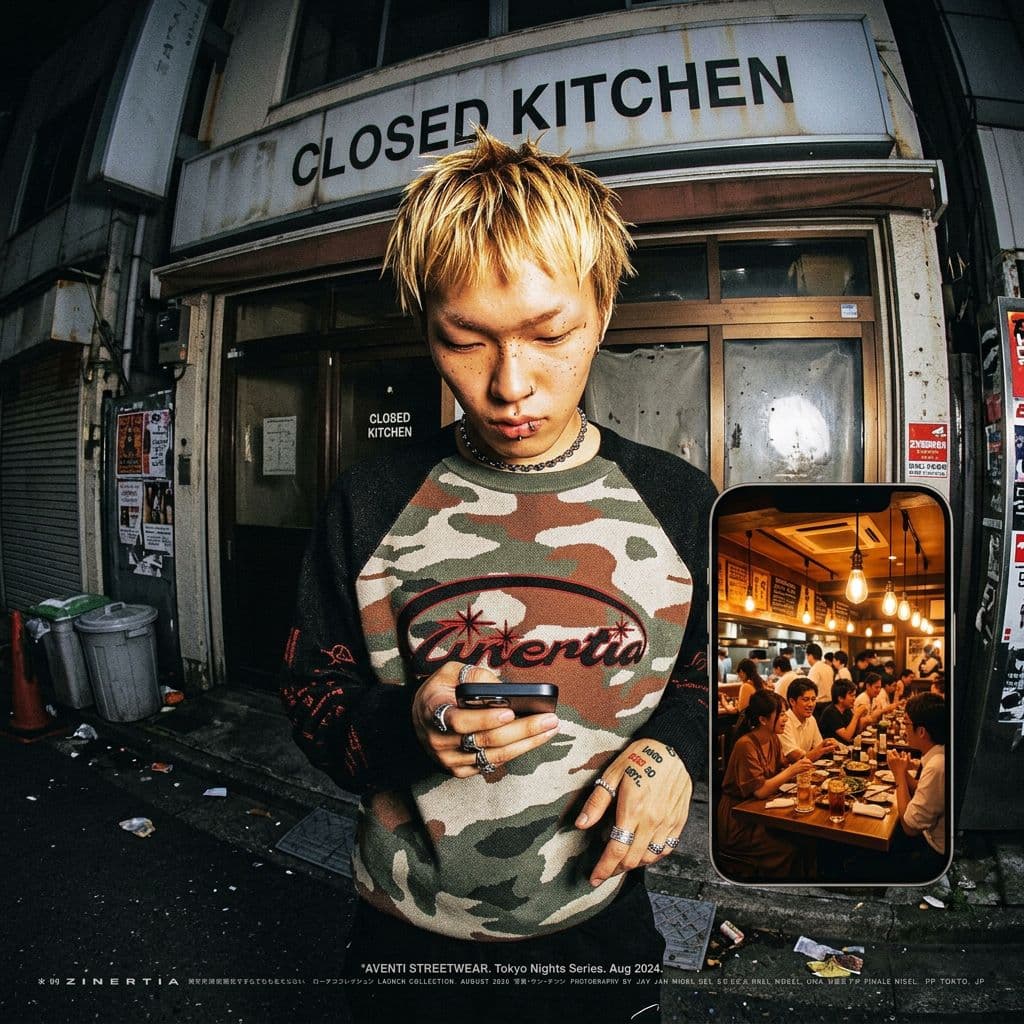 AI generated: urban restaurant exterior at night, harsh direct flash photography, gritty candid street scene

a pe...
