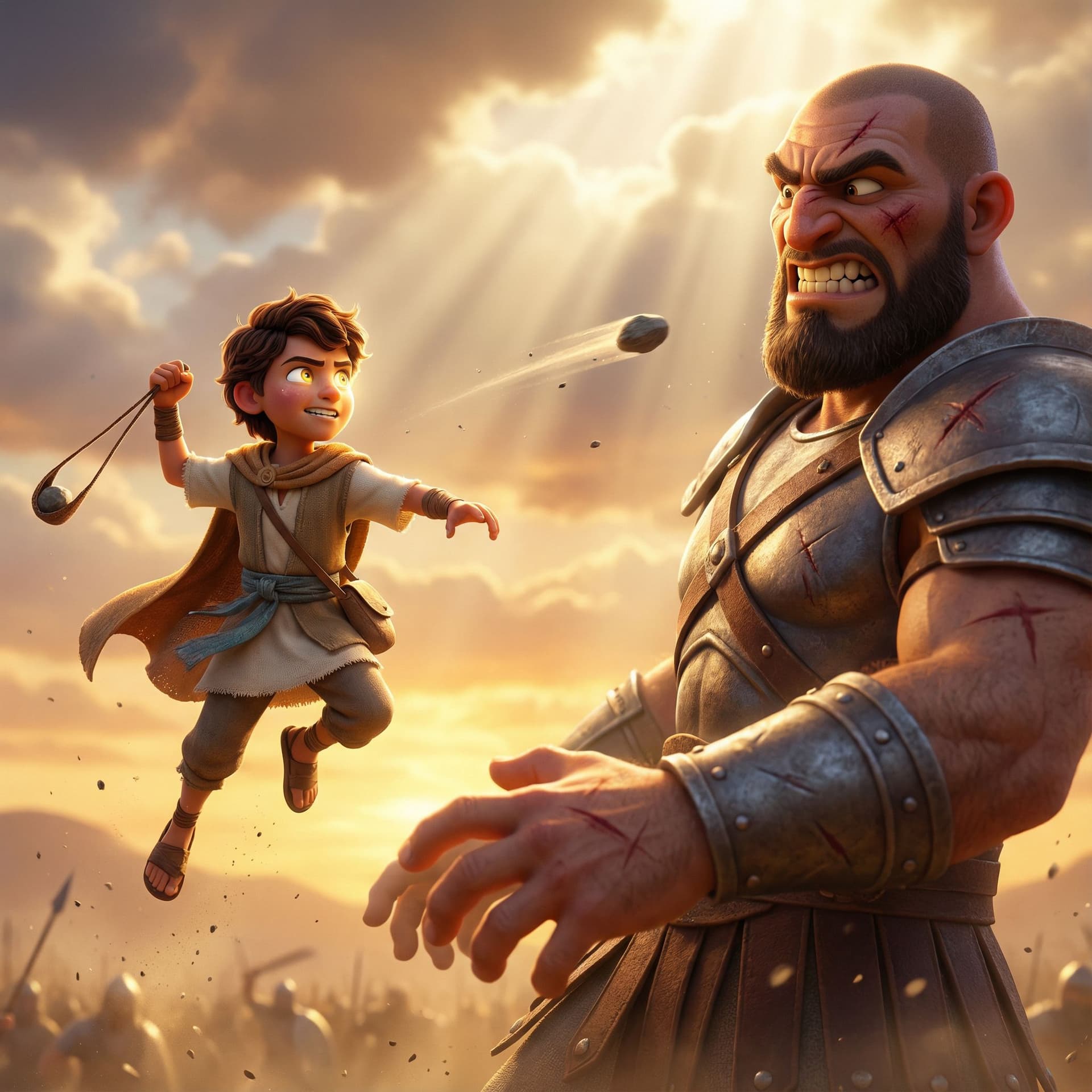 AI generated: Cena épica em estilo Pixar / Disney moderno, animação 3D cinematográfica. Davi, um jovem pastor cora...
