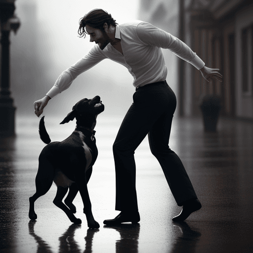 AI generated: a man(his is a very beautiful face man)dancing with his dog enjoyful at rainy time