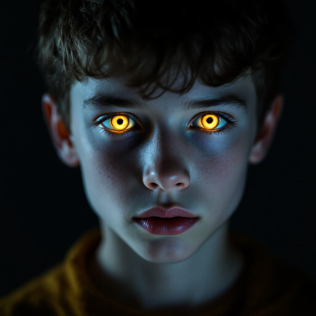 AI generated: editorial photography, front shot, upper-body, 8 years old boy model, pale green skin, gaze, capturi...