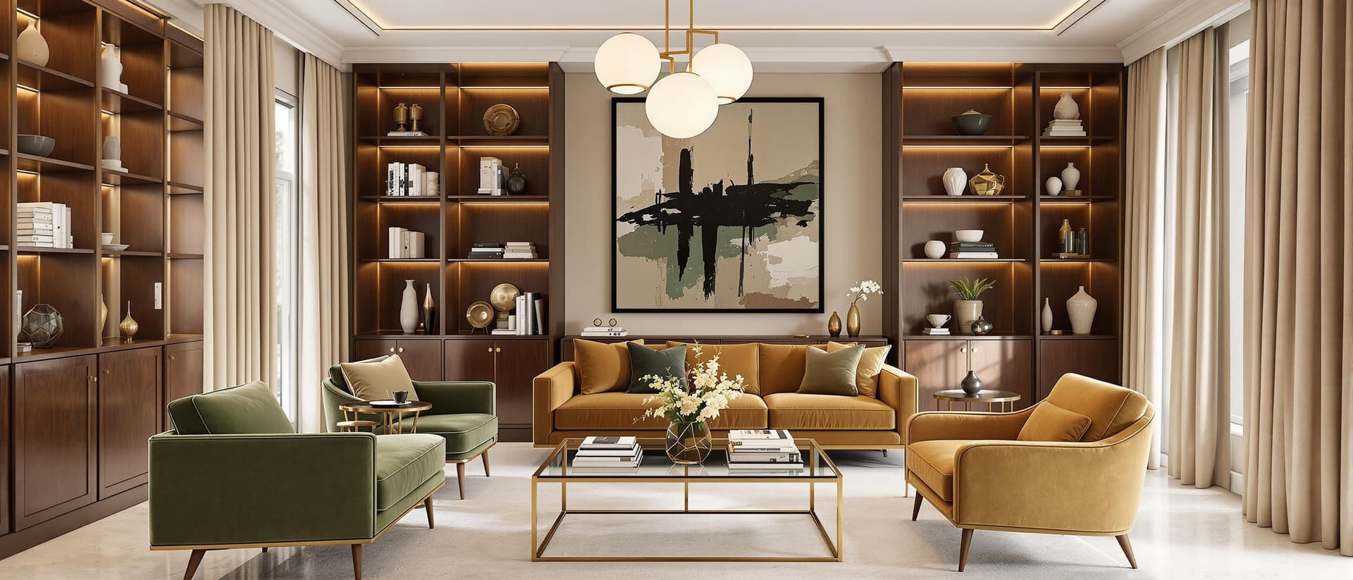 AI generated: A refined and elegant living room with a warm, earthy color palette. The space features a modern oli...