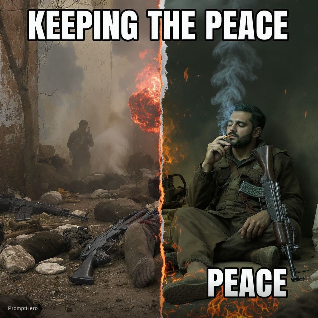 AI generated: lets create a joke meme .. the main idea "keeping the peace" one scene a man sitting peacefully whil...