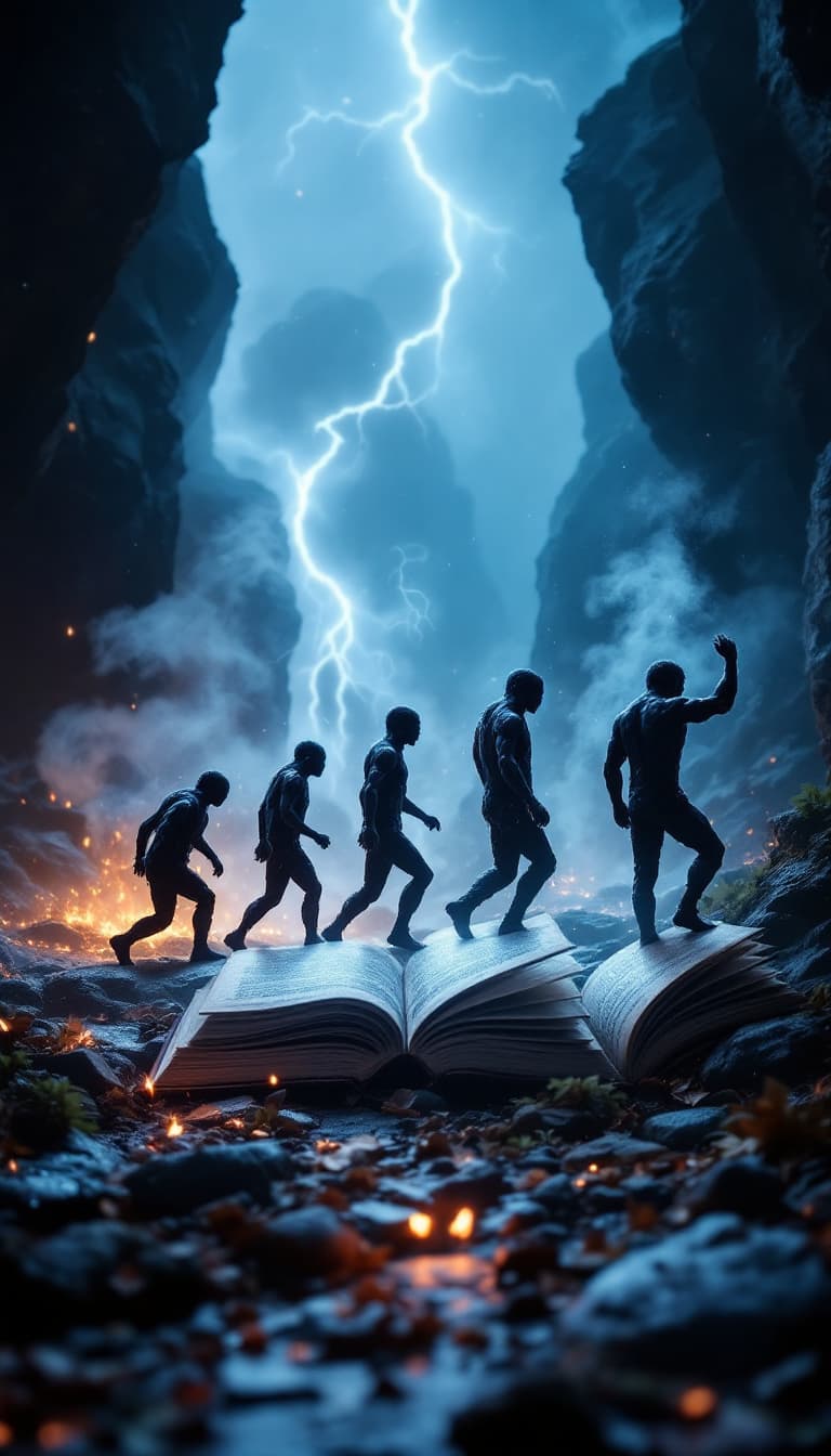 AI generated: Human evolution with books , book make them strong,hero