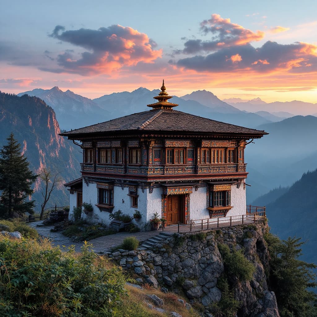 AI generated: Traditional Bhutanese architecture, 2 stored house with decent sized windows, colourful with pattern...