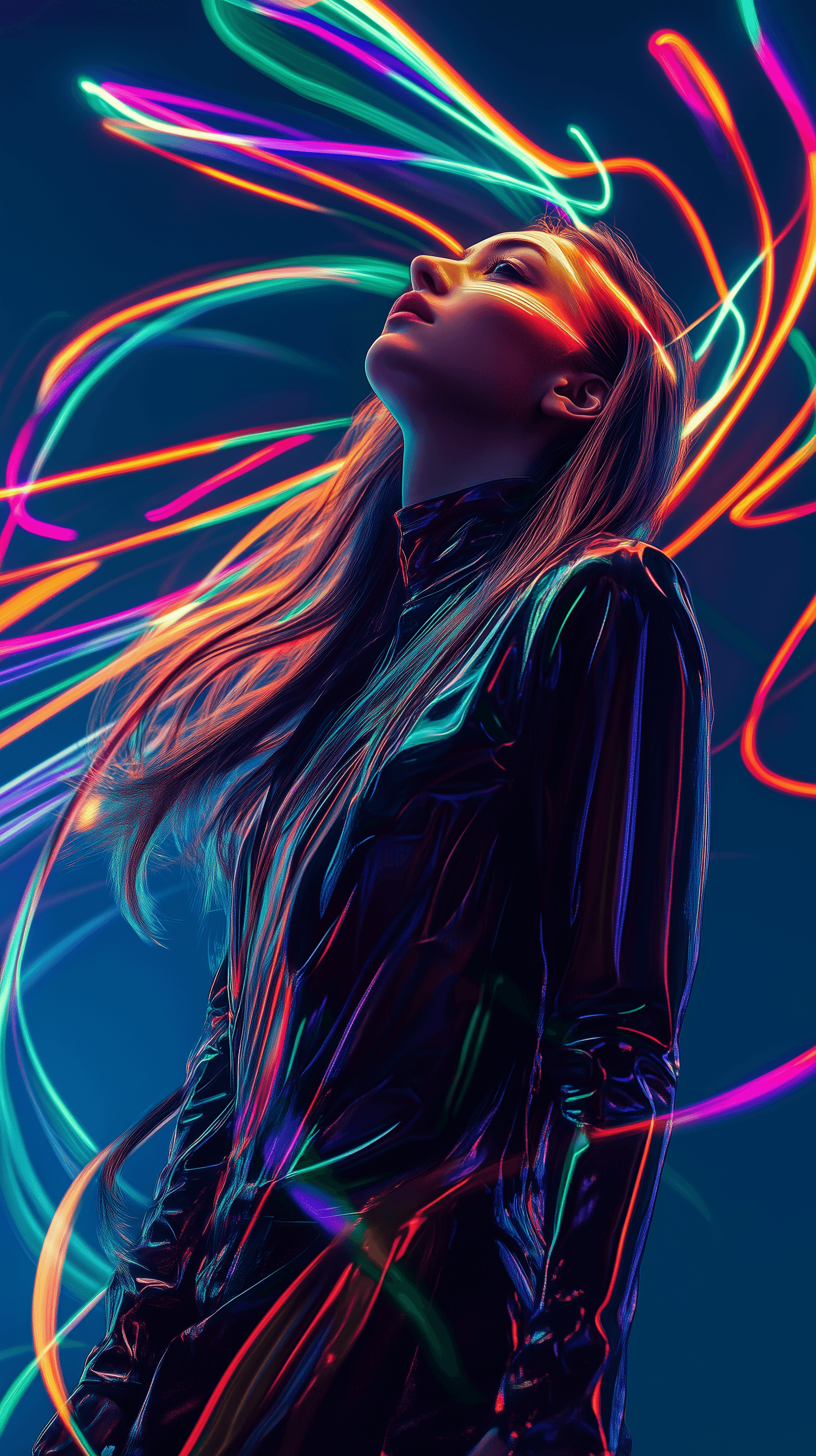 AI generated: digital art portrait of a young woman, flowing hair, illuminated by vibrant neon colors swirling aro...