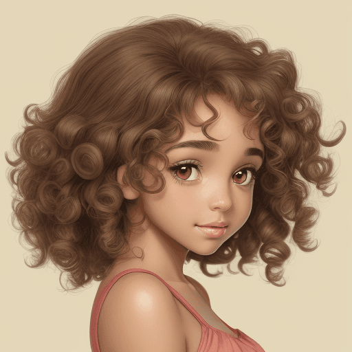 AI generated: High resolution cartoon, dreamy, girl with light brown skin, almond shaped brown eyes, head of bounc...