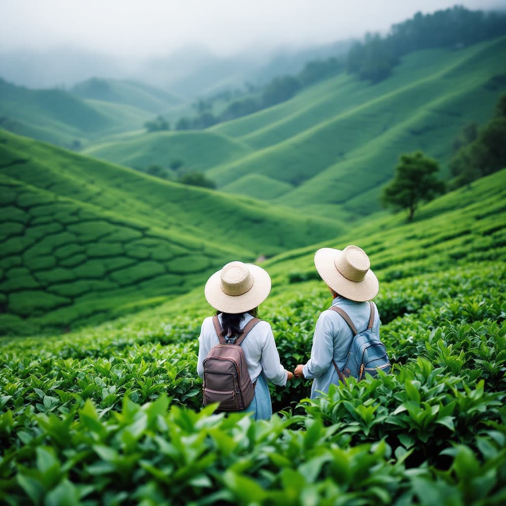 AI generated: In the green tea fields of China, two women in white and light blue with hats were picking tea leave...