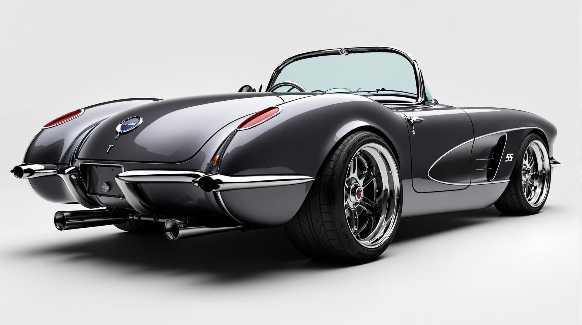 AI generated: Hyper realistic 1959 chevy corvette, rear side view, gray color, restomod with exhaust tips with 20"...