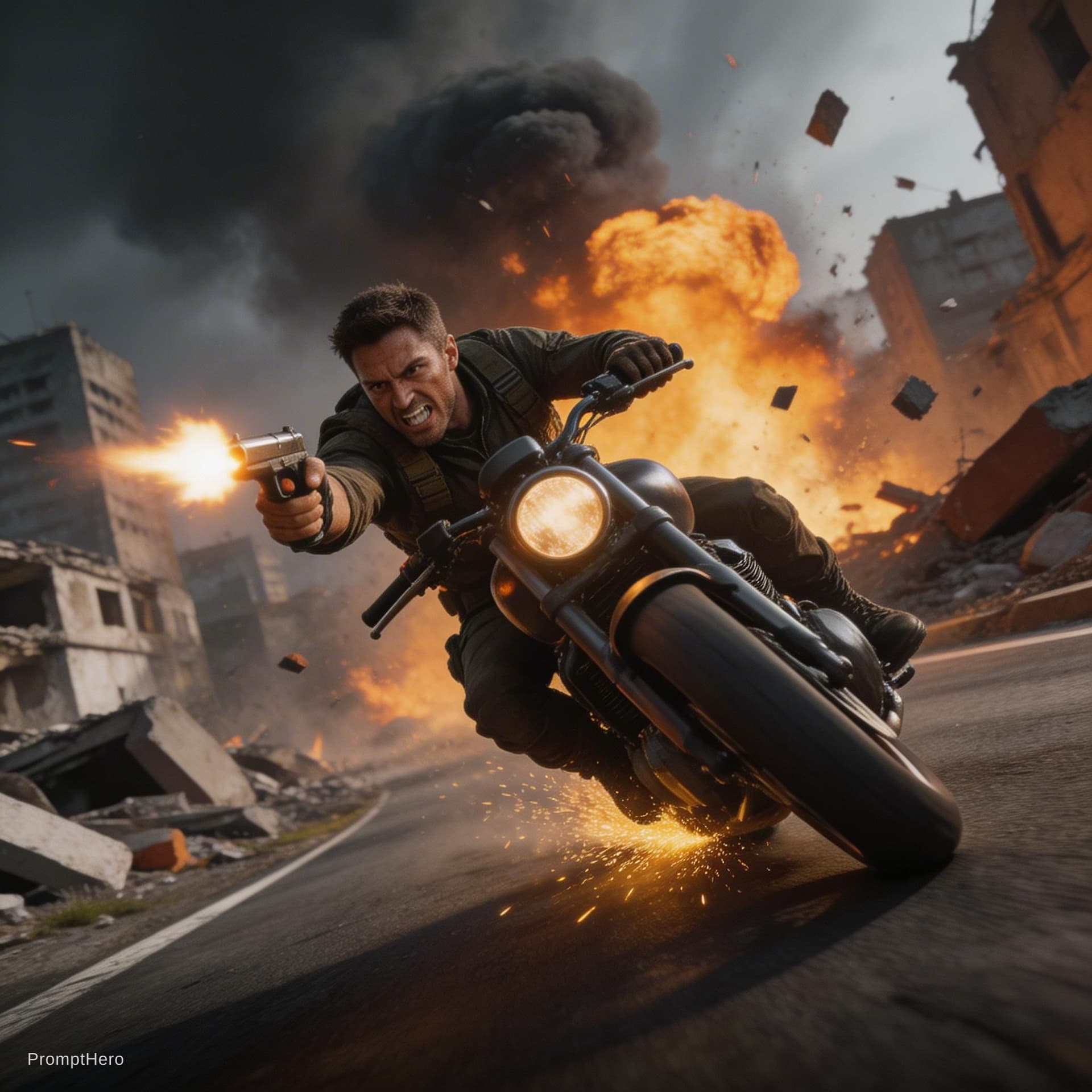 AI generated: Start with a close-up on the man's determined face as he fires the gun, muzzle flash illuminating hi...
