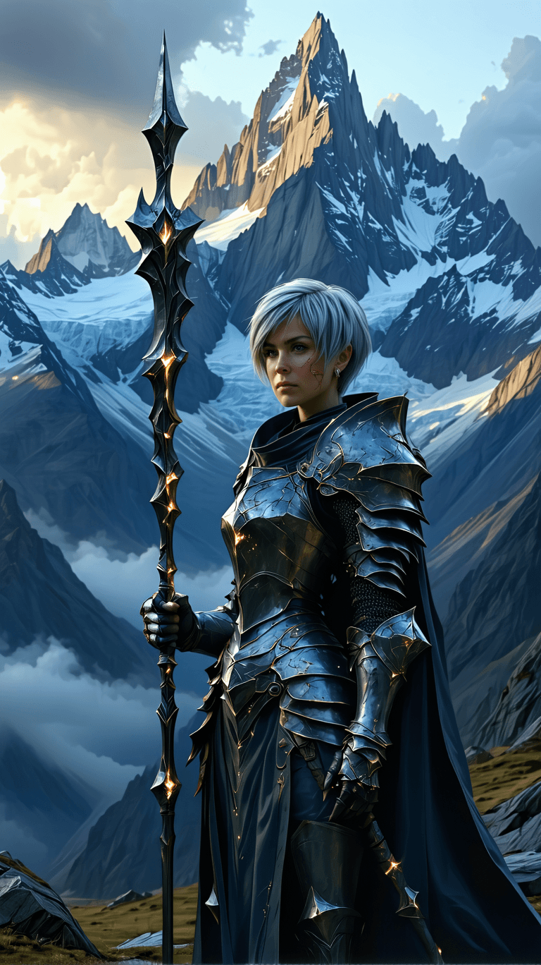 AI generated: A stoic mountain guardian, her steely gaze reflecting the power of the peaks she protects, with shor...
