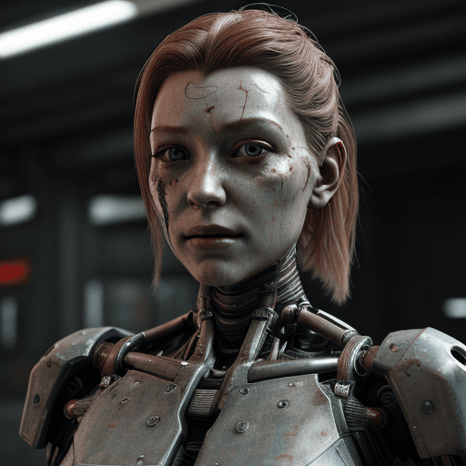 AI generated: A beautiful cyborg lady with dirty and damaged synthetic skin, rusty metal arms, cyberpunk, hyperrea...
