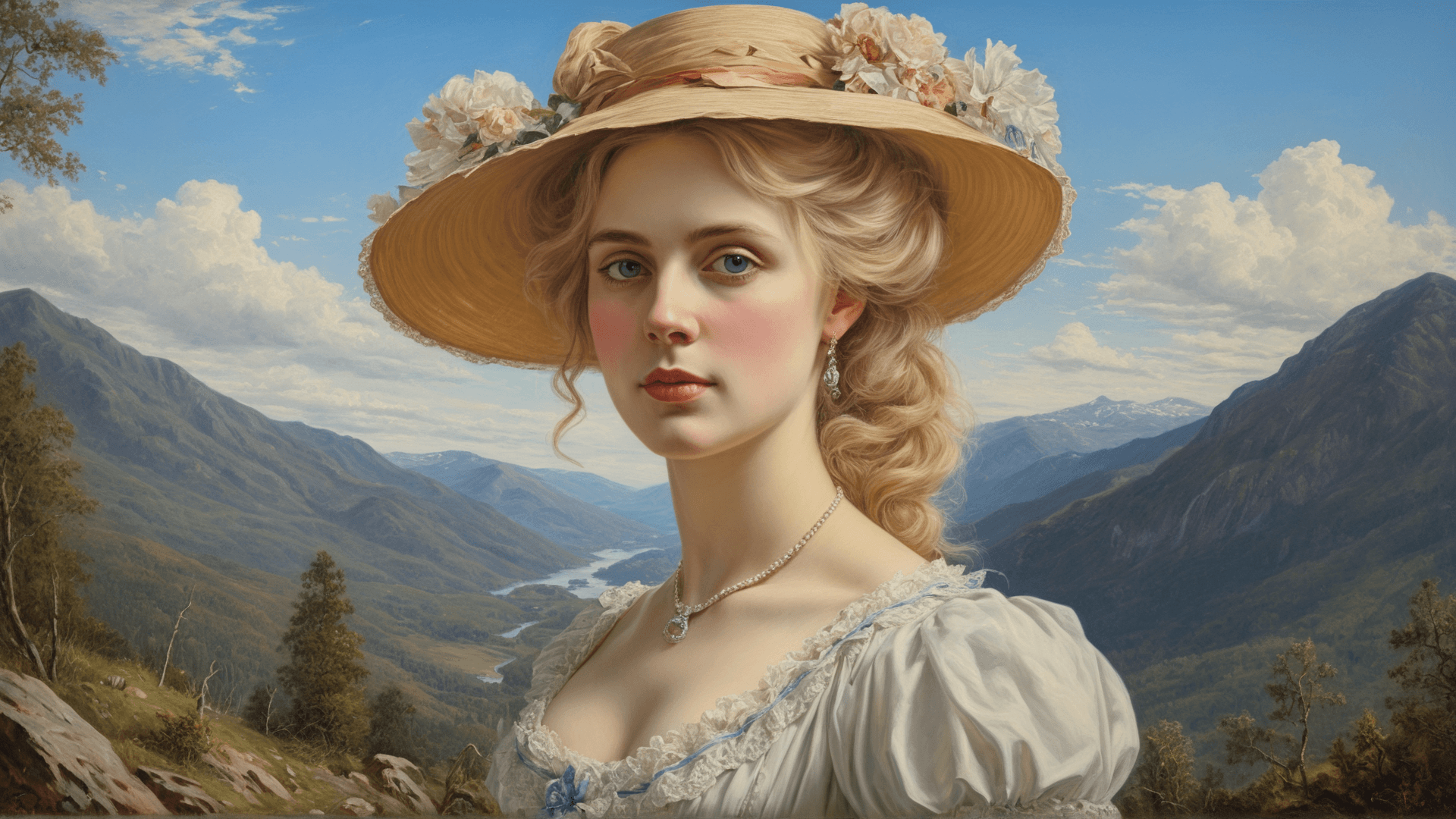 AI generated: masterpiece HDR victorian portrait painting of woman, blonde hair, mountain nature, blue sky