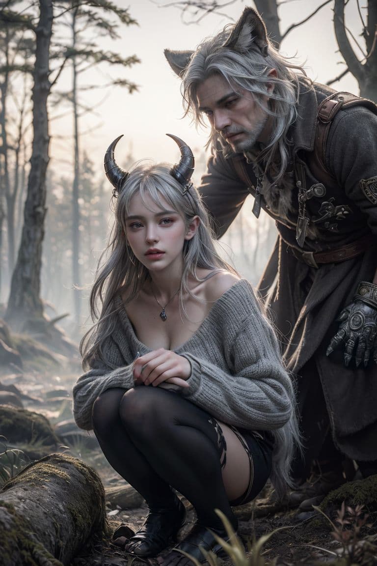 AI generated: ( a cute silver-haired girl with real devil horns patting the wolf), In a stunning fantasy world,bre...