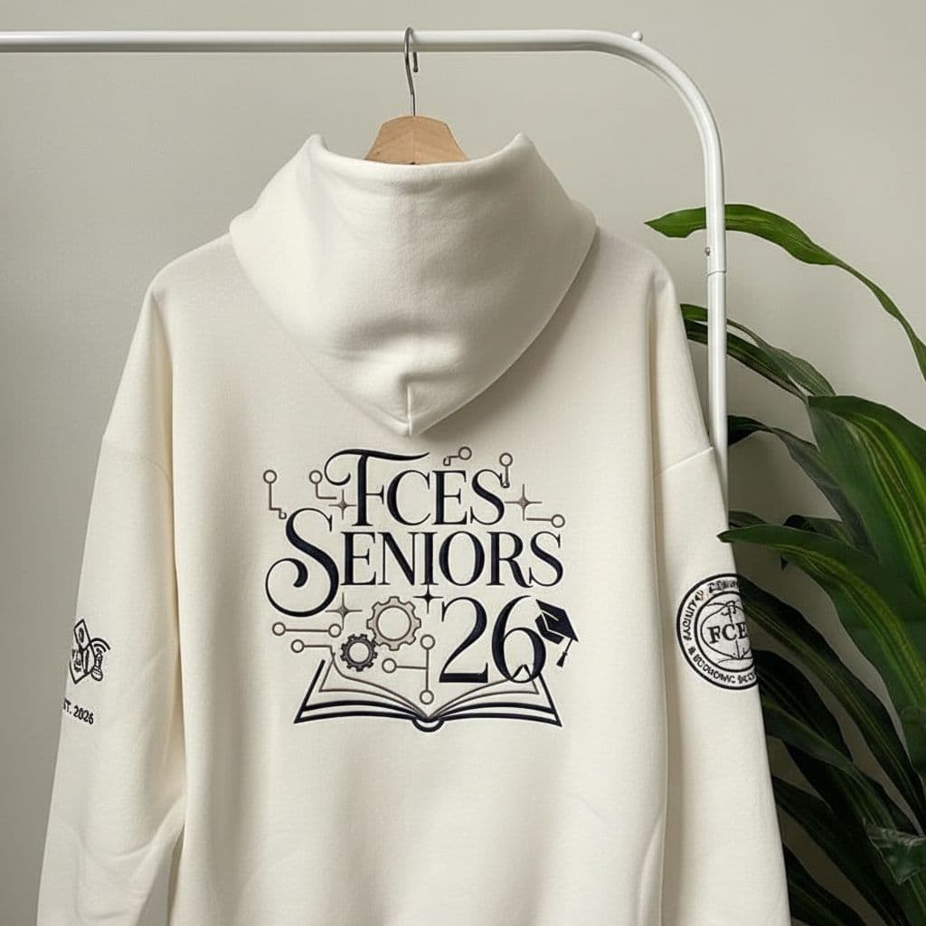 AI generated: I want you to create a creative design for the graduation hoodie for students of FCES faculty, they ...