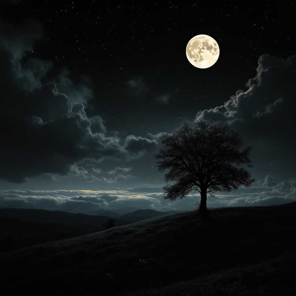 AI generated: A dark night with faint stars showing between many clouds, a full moon illuminating a single tree on...