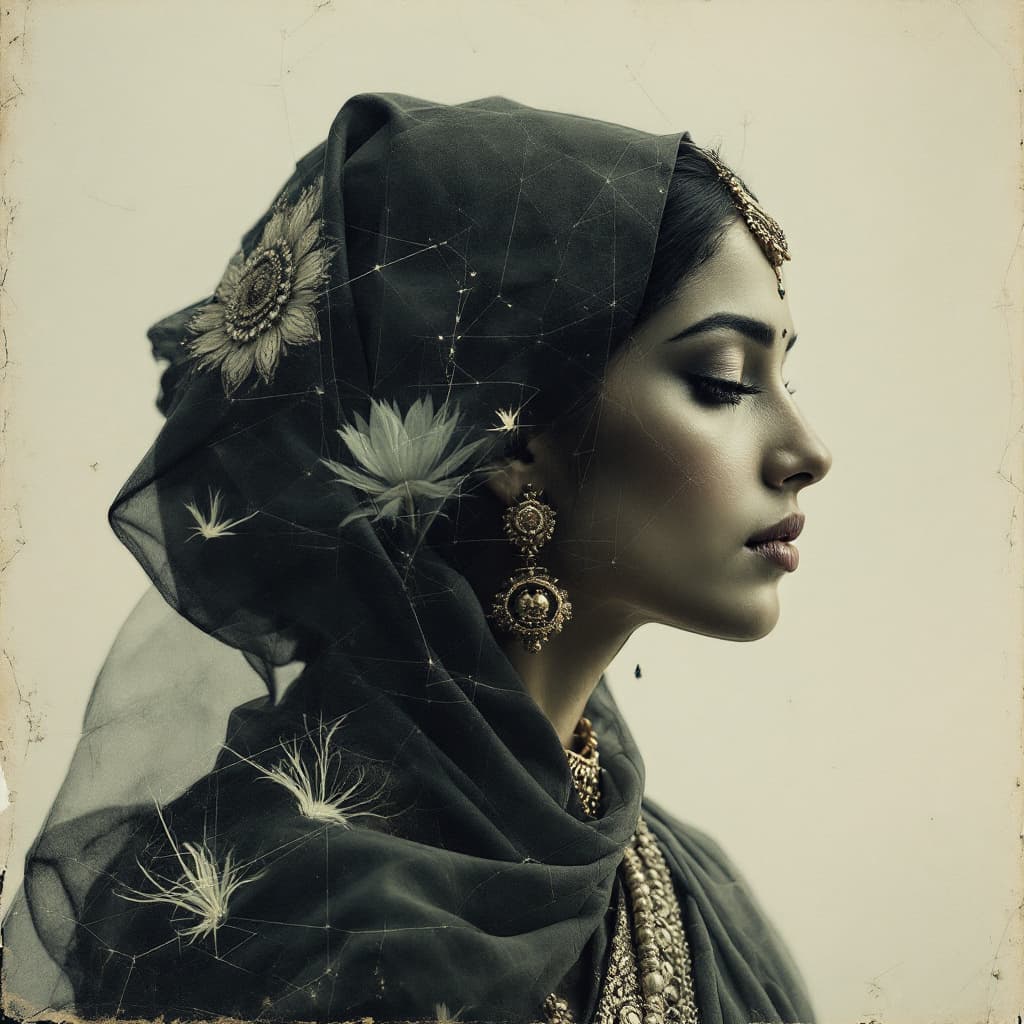 AI generated: A indian woman wearing a saree headdress, double exposure, surreal artwork, printed on cracked paper...