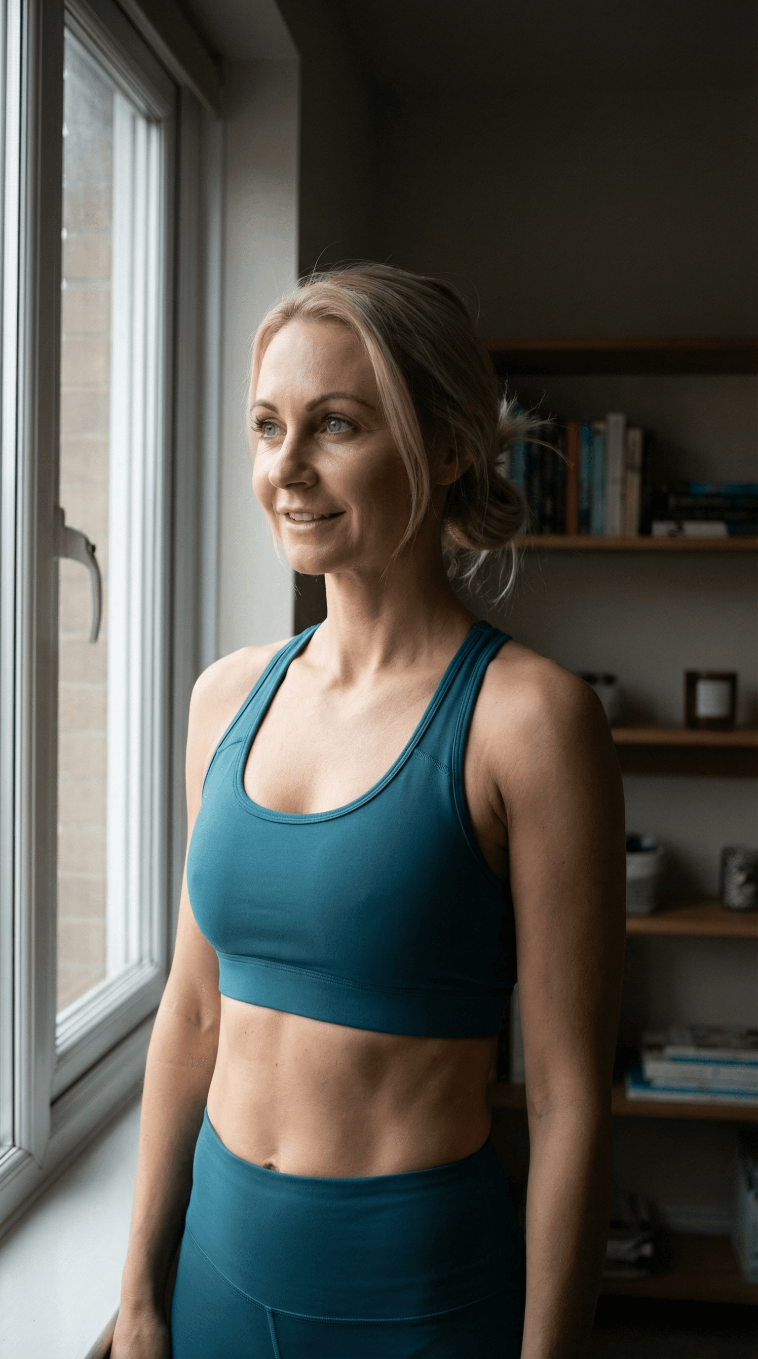 AI generated: Create a photo-realistic depiction of a fit adult woman standing by a large window in a dimly lit ro...
